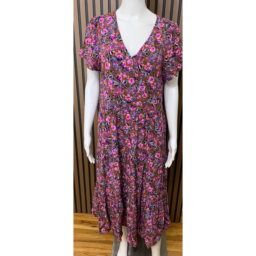 J.Crew Floral Tiered Maxi Dress Brown Pink Blue V-Neck Short Sleeve Size 12